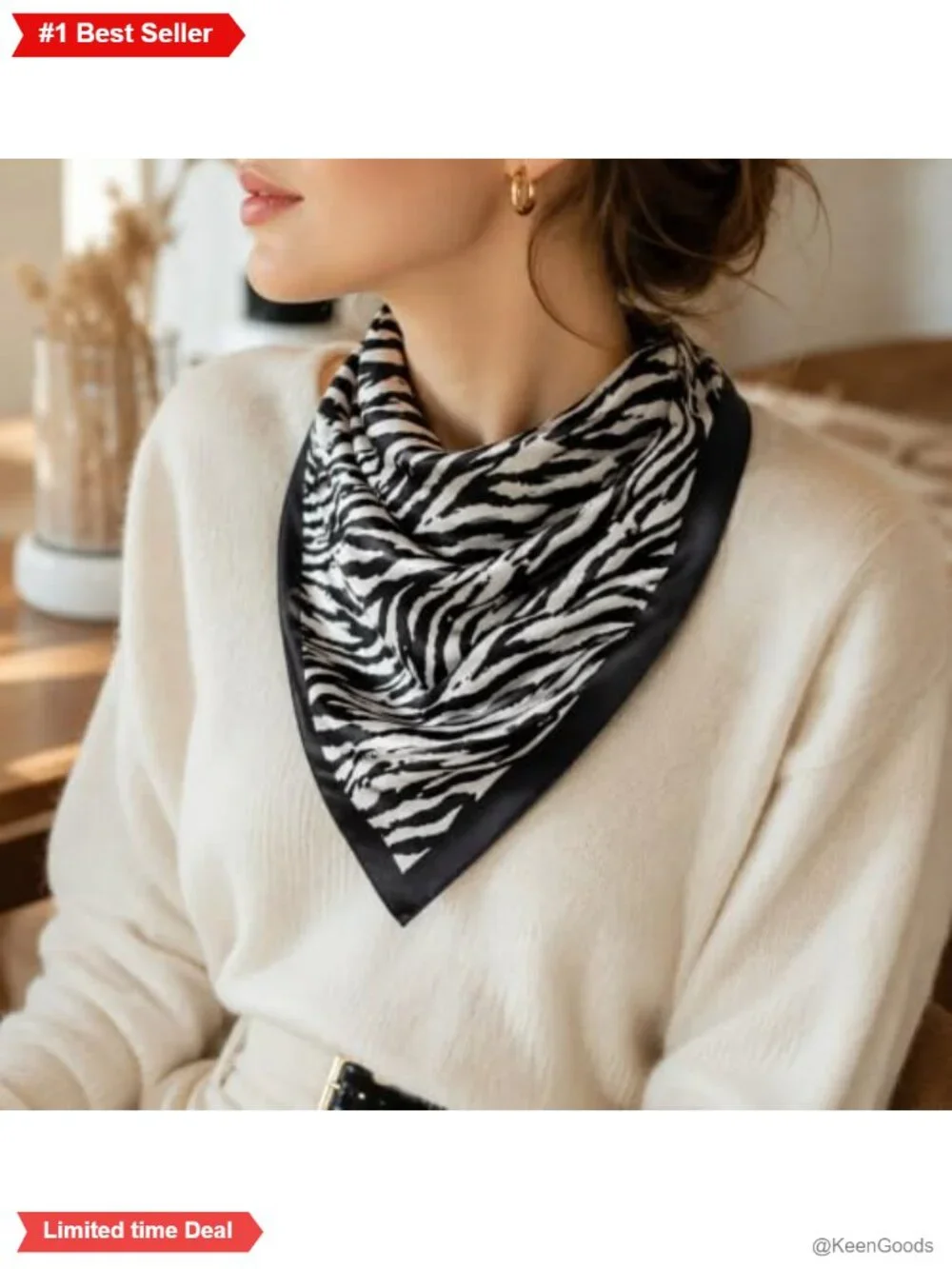Women's Satin Zebra Print Square Scarf 35in Bandana Neck Wrap Hair Accessory
